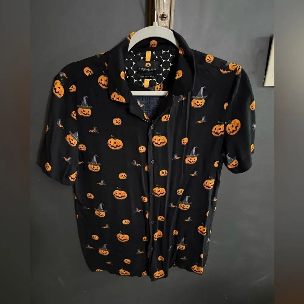 Denim & Flower Ricky Singh Black Halloween Pumpkin Button Up Shirt Men's Small - Picture 2 of 10